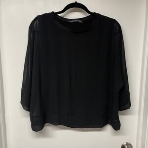 Zara Woman Solid Black Sheer Dolman Sleeve Blouse Top Size XS Round Neck